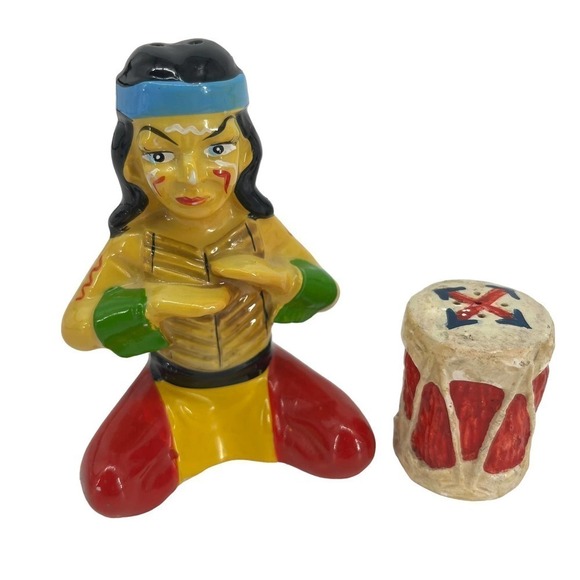 Vintage Salt & Pepper Shakers Native American Man & Drum Collectable Ceramic - Picture 2 of 8